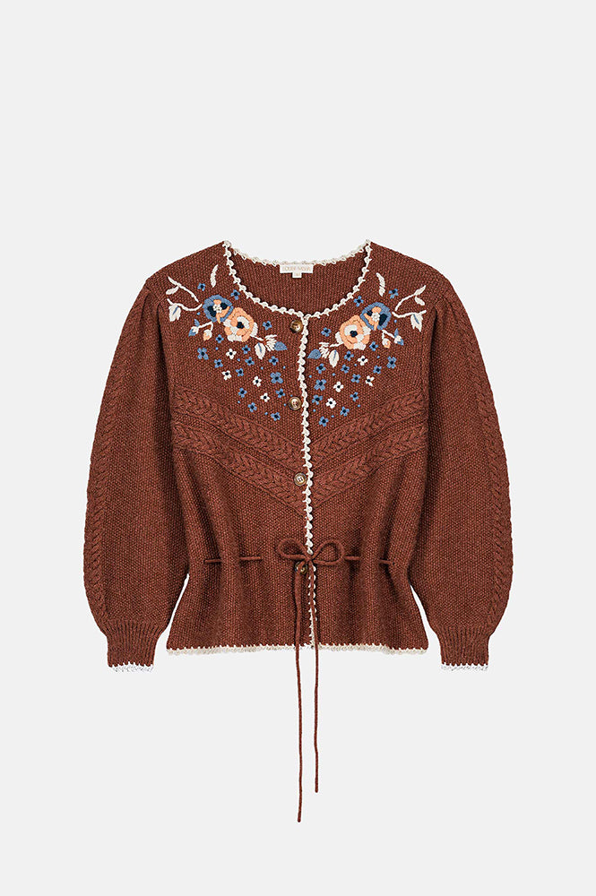 Louise Misha Sandya Embroidered Chestnut Cardigan - The Mercantile London