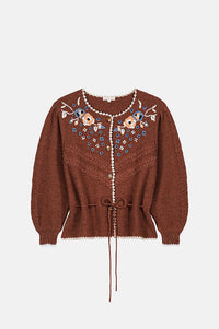 Louise Misha Sandya Embroidered Chestnut Cardigan - The Mercantile London