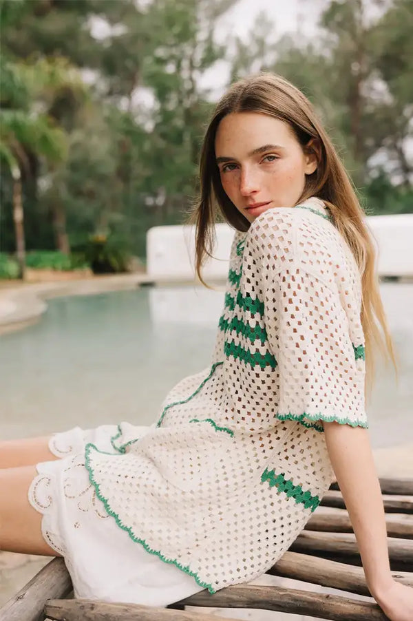 Indi & Cold Retro Green Crochet Shirt - The Mercantile London