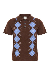 ICHI Dasila Chicory Harlequin Knitted Polo Top