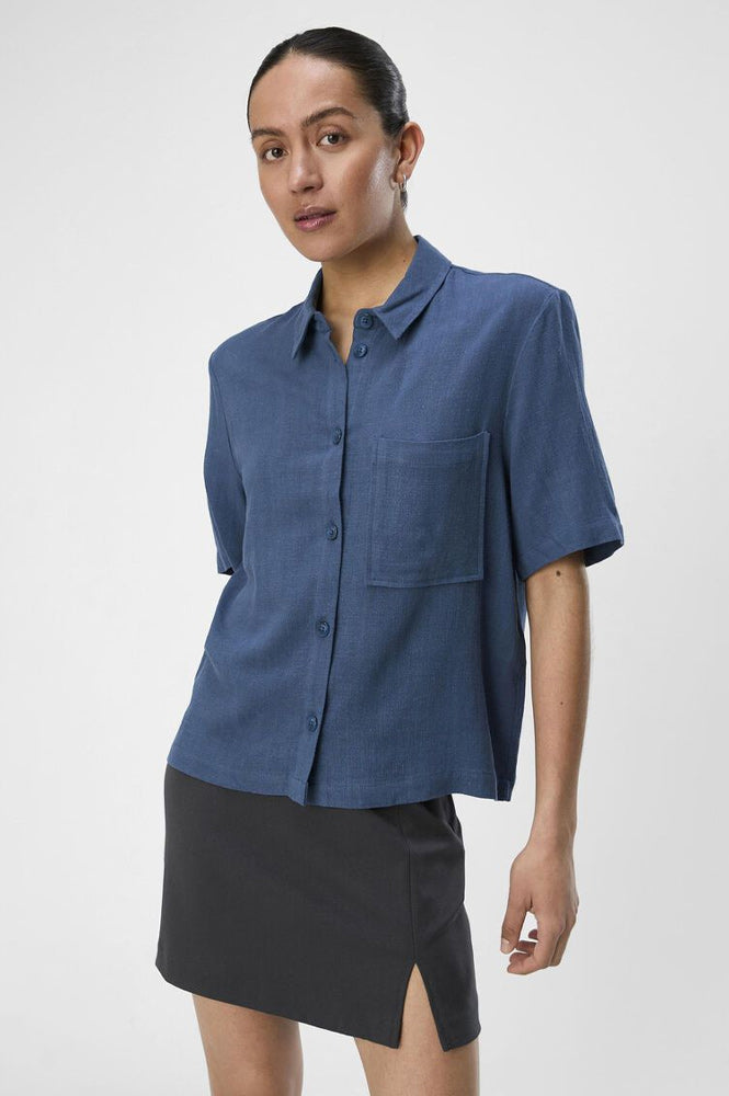 Object Sanne Dark Denim Linen Shirt - The Mercantile London