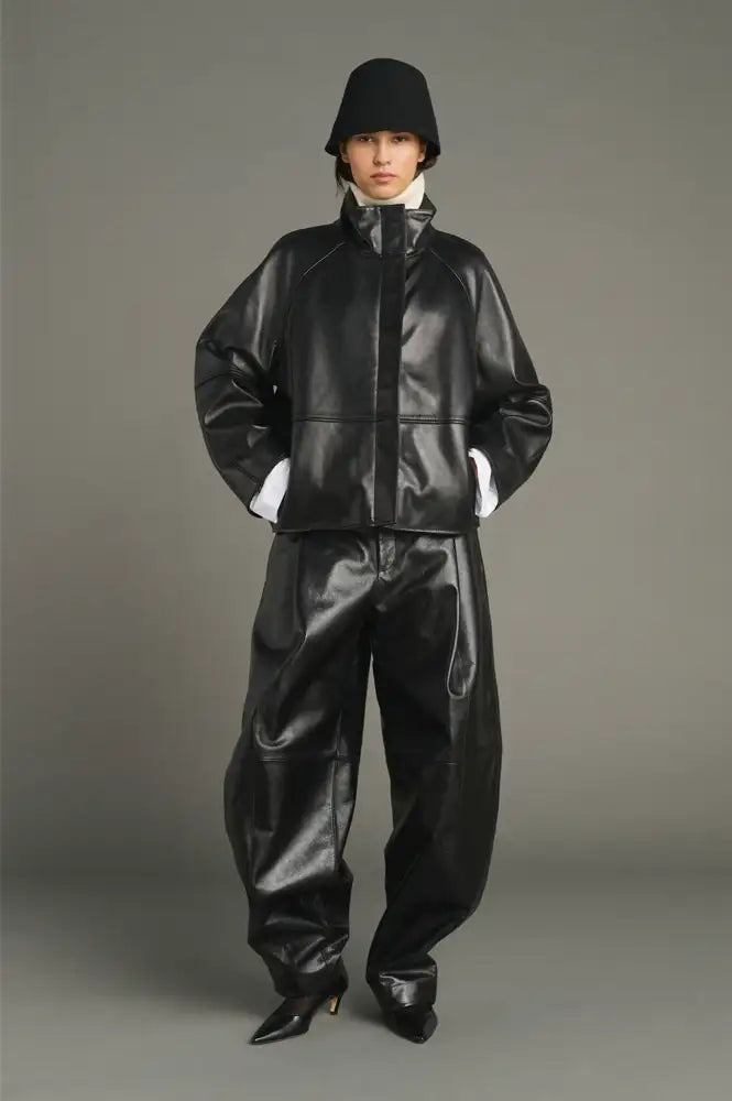 Soeur Gamma Black Glazed Leather Raglan Jacket