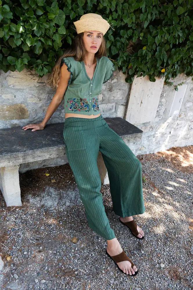 Indi & Cold Emerald Cross Stitch Embroidered Top