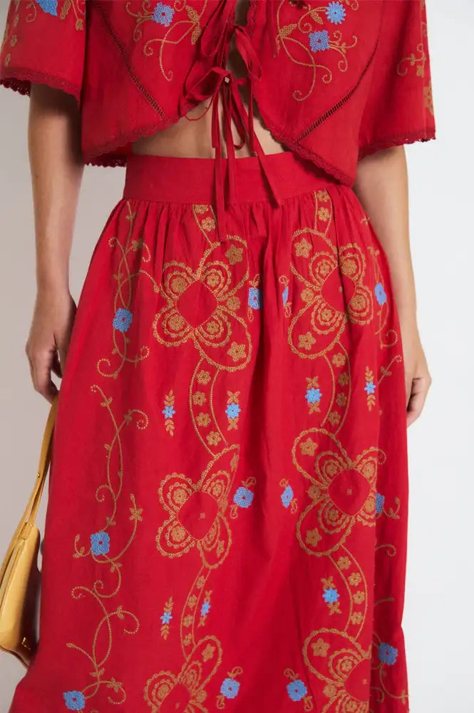 Sophie + Lucie Poppy Red Embroidered Skirt - The Mercantile London