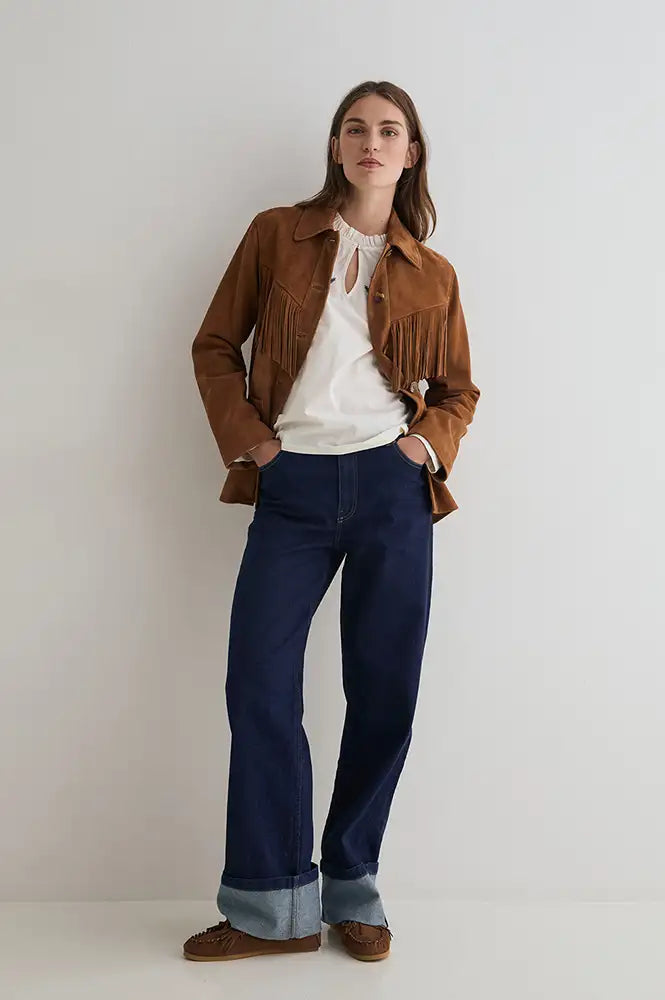 Yerse Camel Tassel Suede Jacket