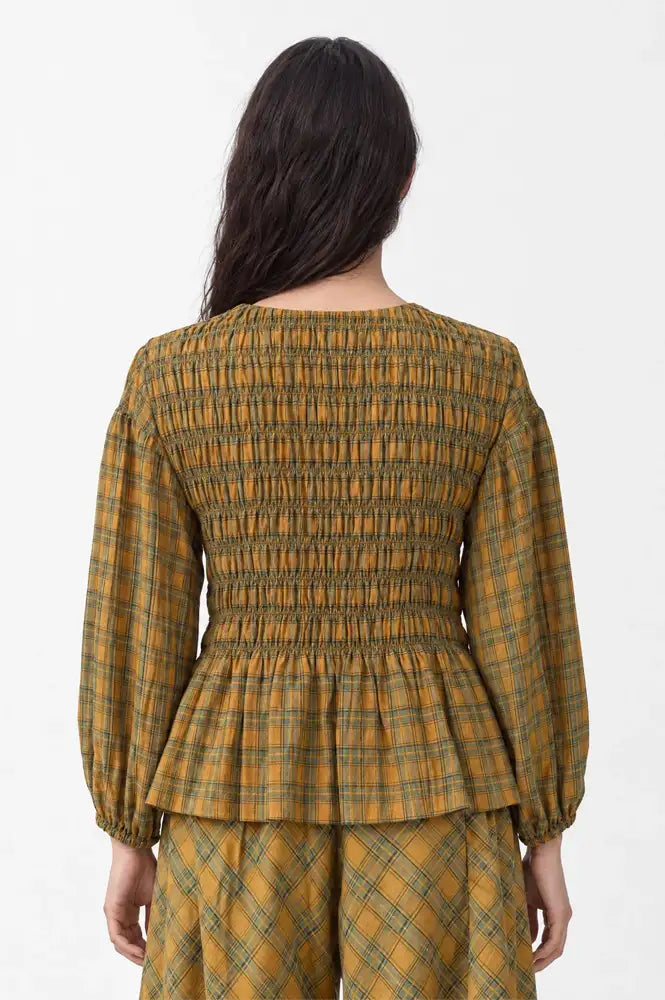 Carmen Says Automne Mustard Checked Smocked Blouse - The Mercantile London