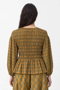 Carmen Says Automne Mustard Checked Smocked Blouse - The Mercantile London