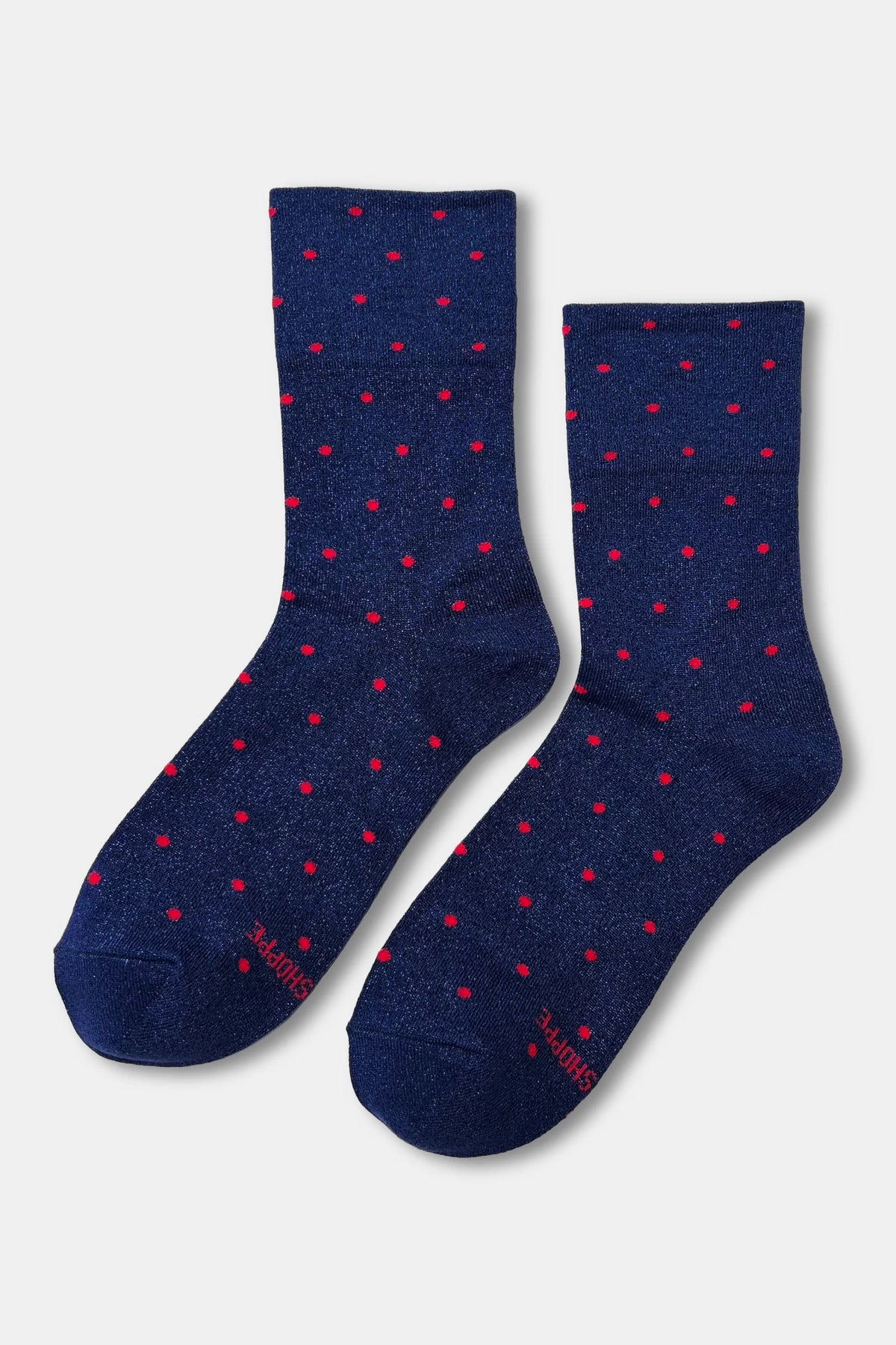 Le Bon Shoppe Lurex Patterned Ink Blue & Red Polka Dot Sneaker Socks