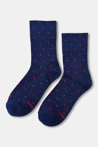 Le Bon Shoppe Lurex Patterned Ink Blue & Red Polka Dot Sneaker Socks