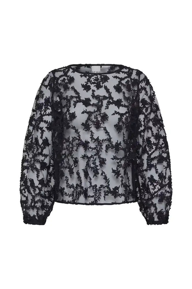 ICHi Balki Black Sheer Floral Blouse