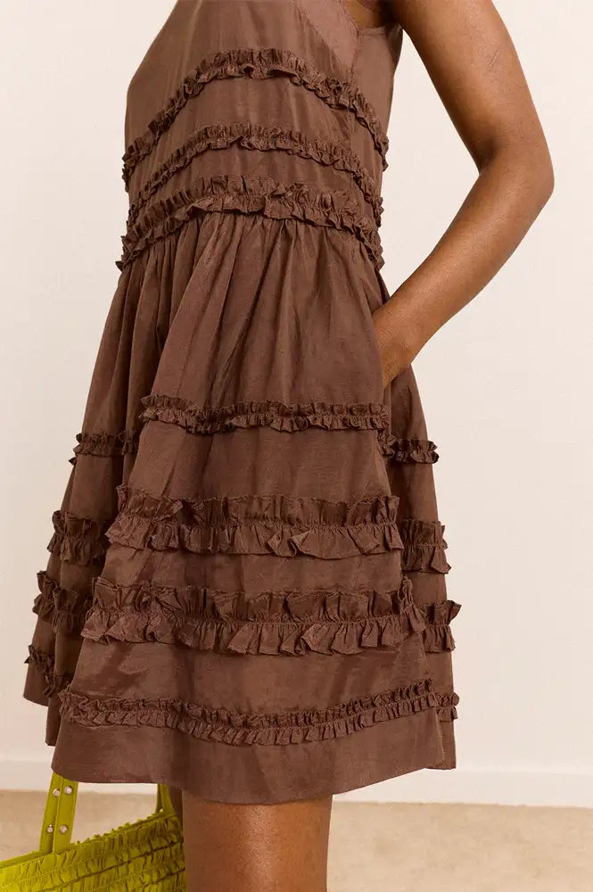 Damson Madder Reed Sheer Chocolate Drop Waist Ruffle Midi Dress