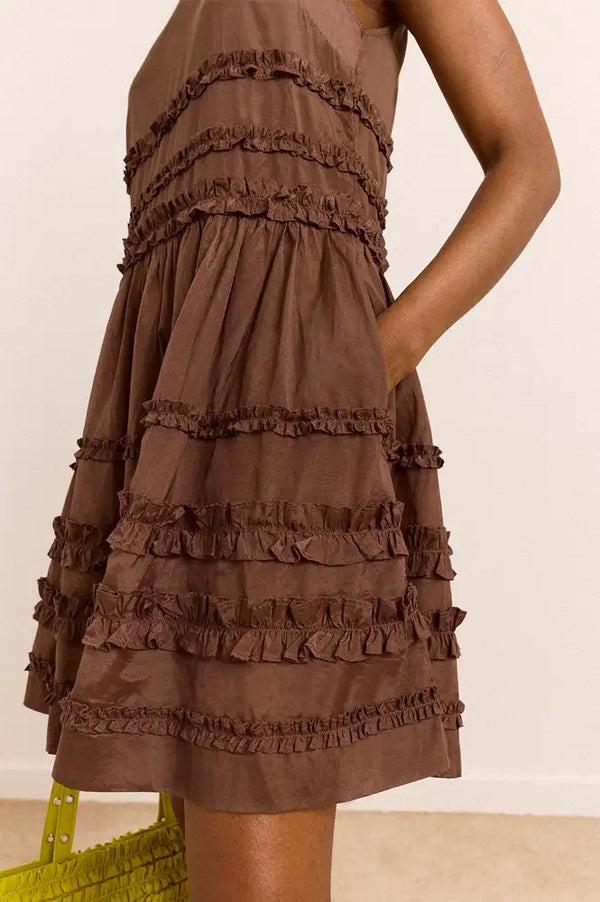 Damson Madder Reed Sheer Chocolate Drop Waist Ruffle Midi Dress