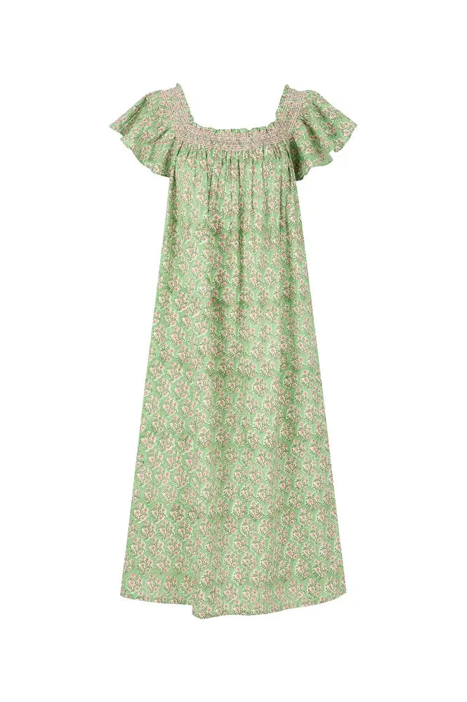 Dilli Grey Mogra Sage Smocked Nightie - The Mercantile London