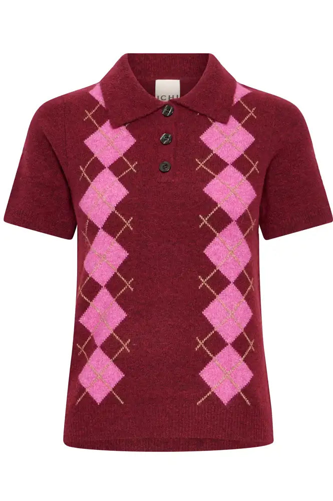 ICHI Dasila Berry Harlequin Polo Knitted Top