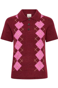 ICHI Dasila Berry Harlequin Polo Knitted Top