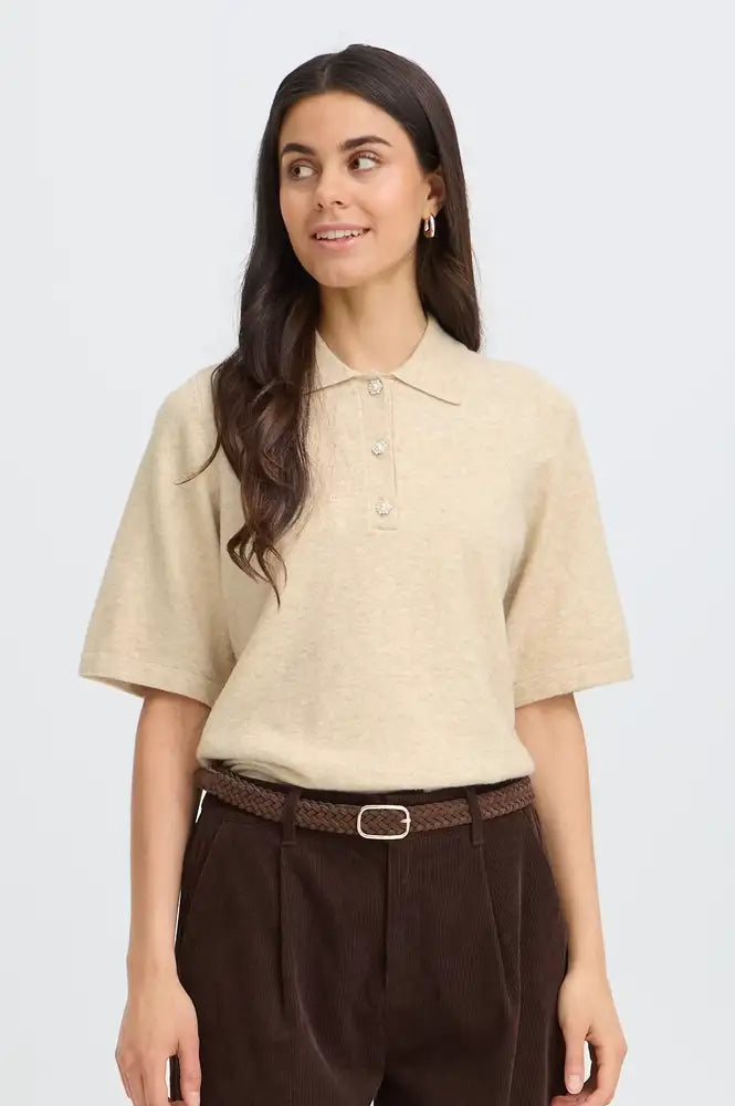 Fransa Suzette Oatmeal Melange Knitted Polo Top