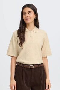Fransa Suzette Oatmeal Melange Knitted Polo Top