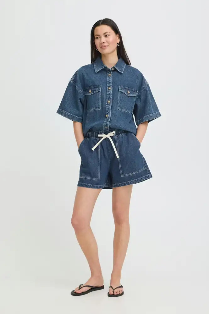 ICHI Kamina Medium Blue Shorts - The Mercantile London
