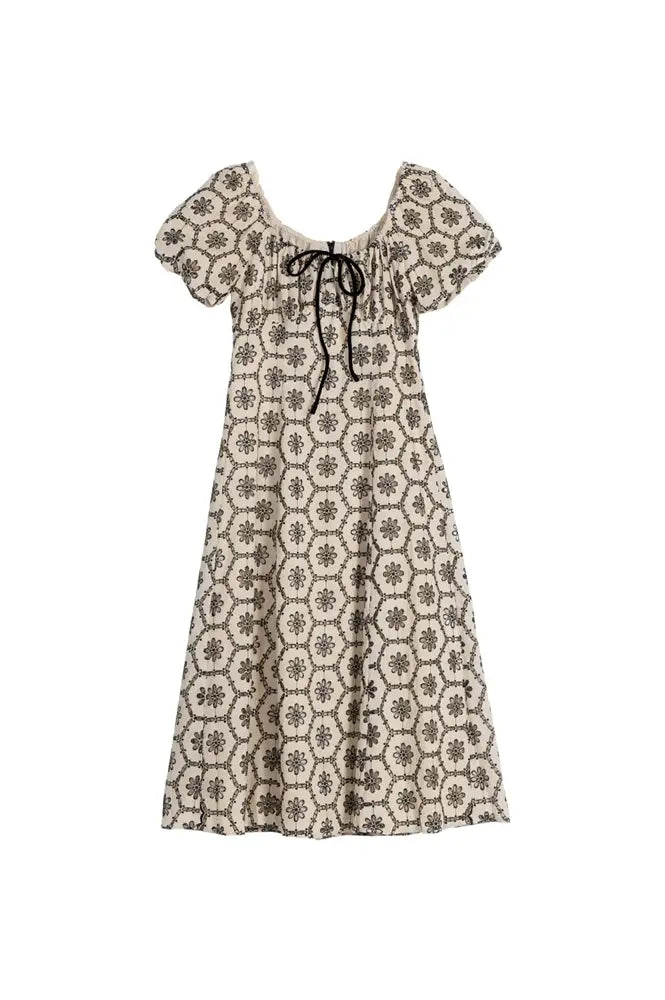 Emin + Paul Lace Shirred Beige Puff Sleeve Dress - The Mercantile London