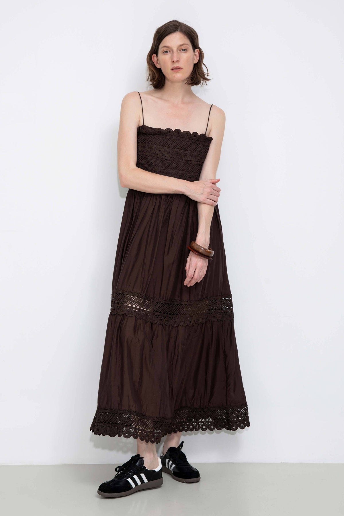 Crochet Lace Panelled Maxi Cami Dress: Brown / S - The Mercantile London