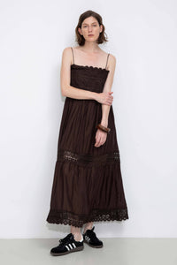 Crochet Lace Panelled Maxi Cami Dress: Brown / S - The Mercantile London