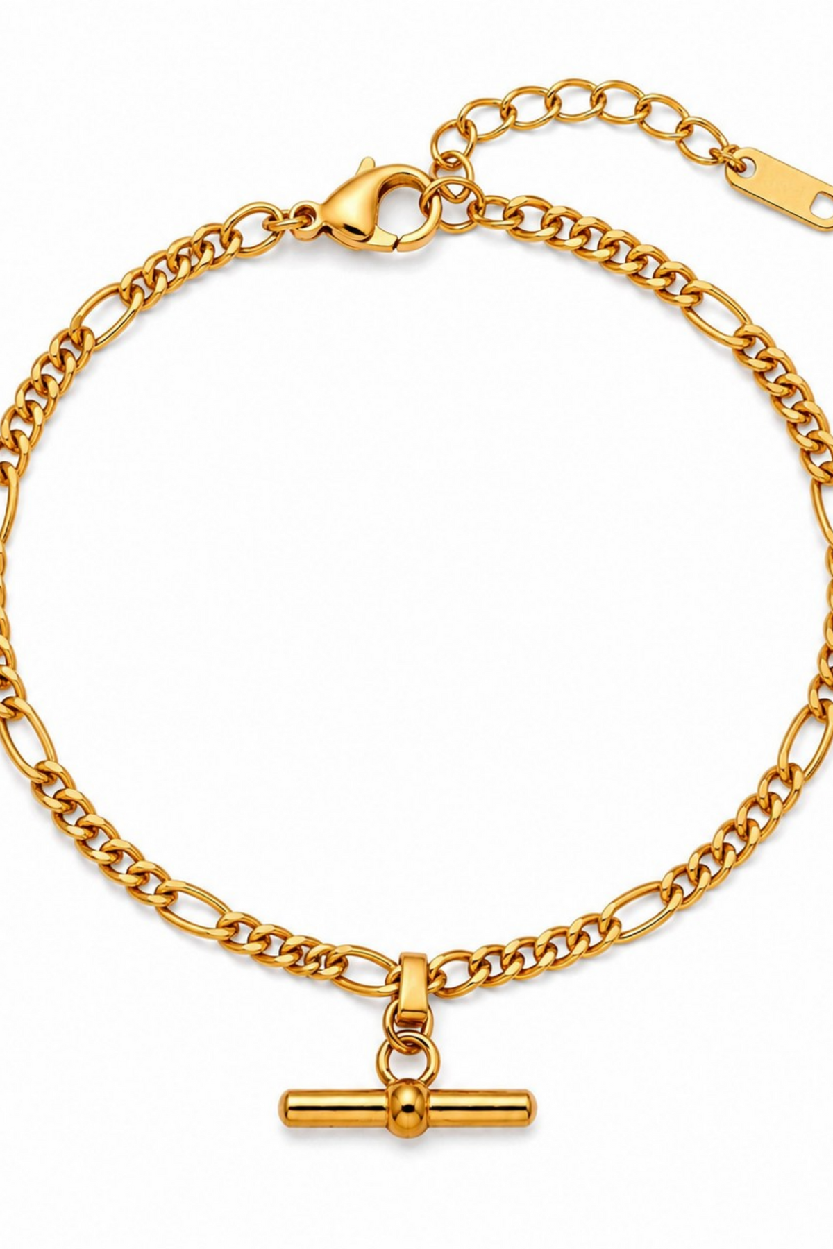 A gold-toned chain bracelet with a toggle clasp and extender chain, displayed on a clean white background.
