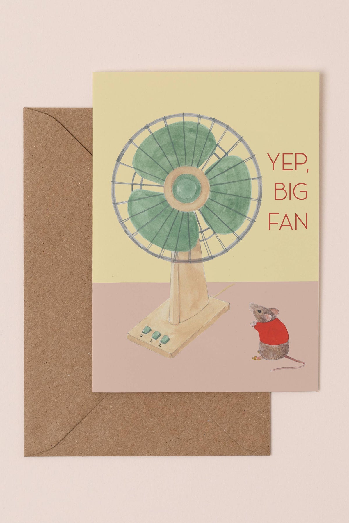 Card with a fan illustration and text, featuring a mouse and brown envelope on a beige background
