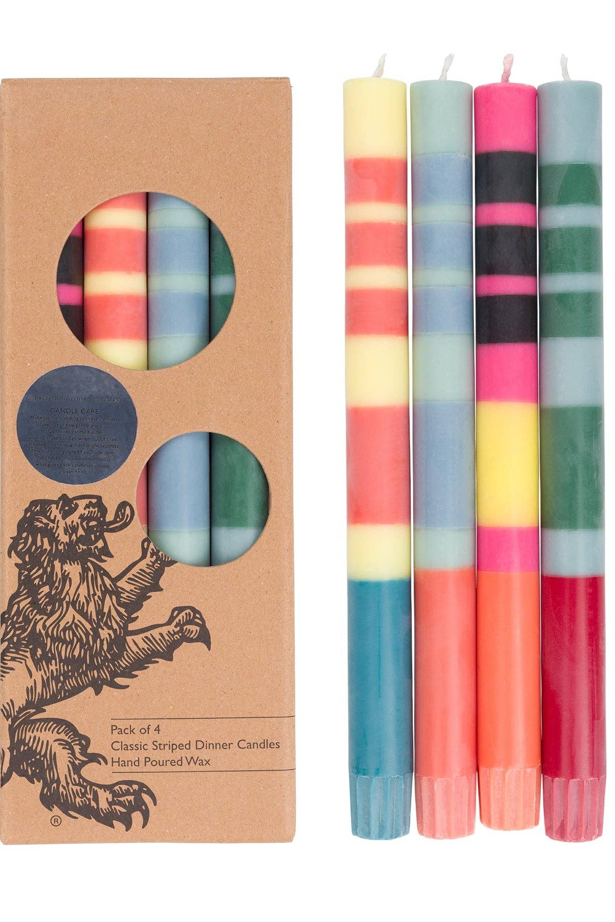 British Colour Standard Reds, Oranges & Blues Striped Dinner Candles