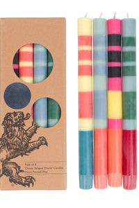 British Colour Standard Reds, Oranges & Blues Striped Dinner Candles
