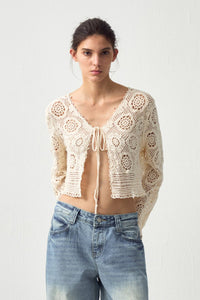 CUBIC Cotton Crochet Lace Trim Cropped Cardigan: Beige / UN - The Mercantile London