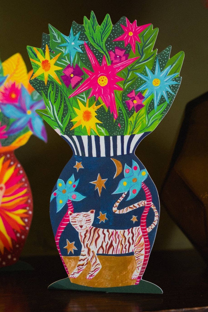 'Magical Pop Up Tiger Vase' Greetings Card: Biodegradable Cello Wrap - The Mercantile London