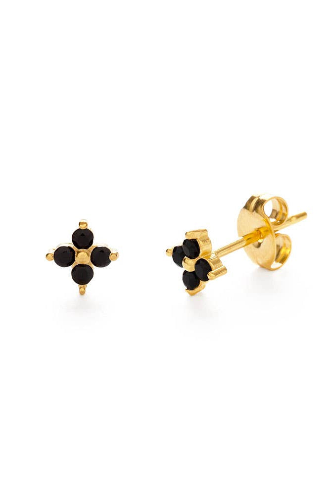 Gold earrings with black gemstones on a white background