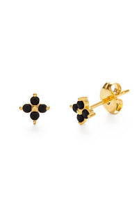 Gold earrings with black gemstones on a white background