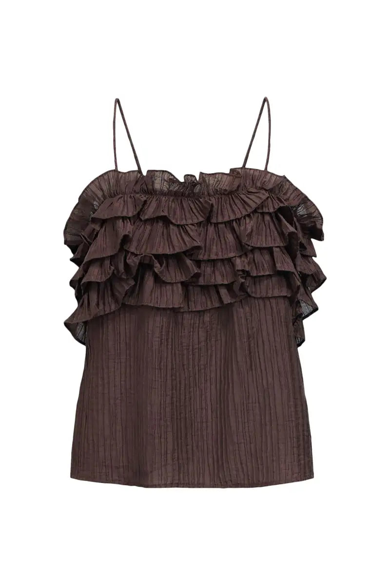 Object Lyne Seal Brown Ruffled Top - The Mercantile London