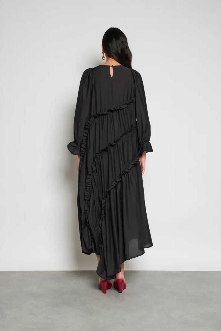 Ghospell Hestia Tiered Black Midi Dress