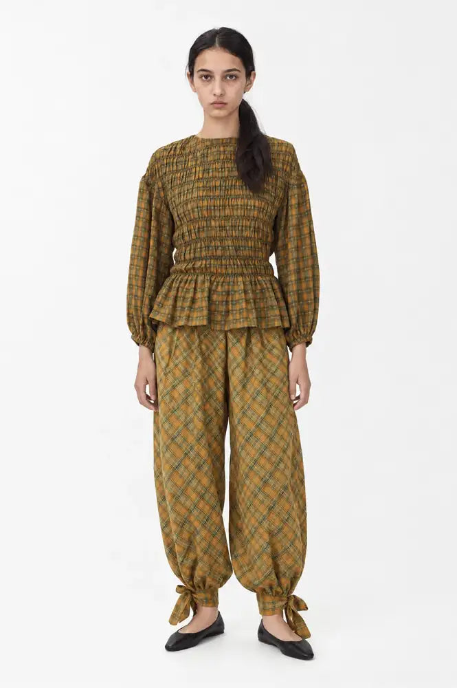 Carmen Says Automne Mustard Checked Smocked Blouse - The Mercantile London