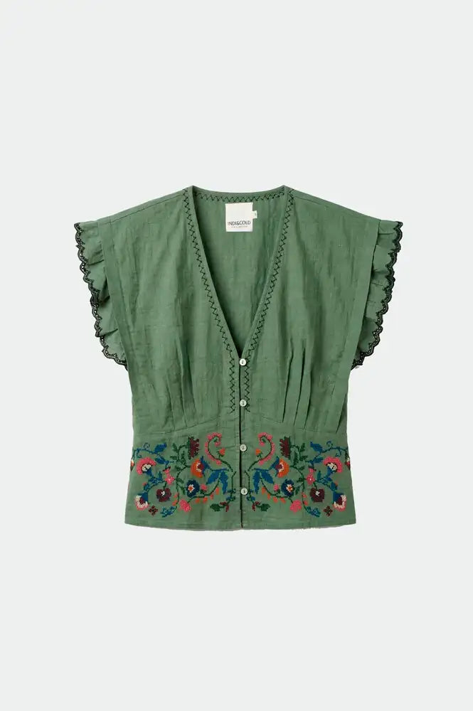 Indi & Cold Emerald Cross Stitch Embroidered Top