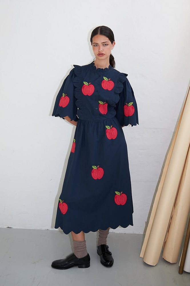 Stella Nova Apple Embroidered Navy Midi Dress - The Mercantile London