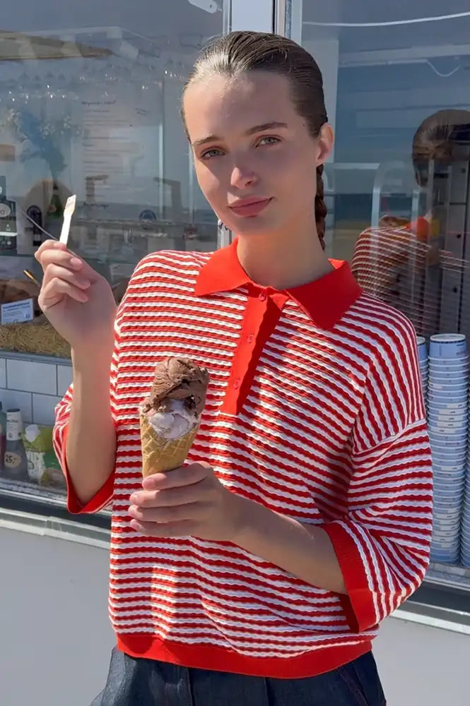 Stella Nova Red & Creme Knitted Polo Top