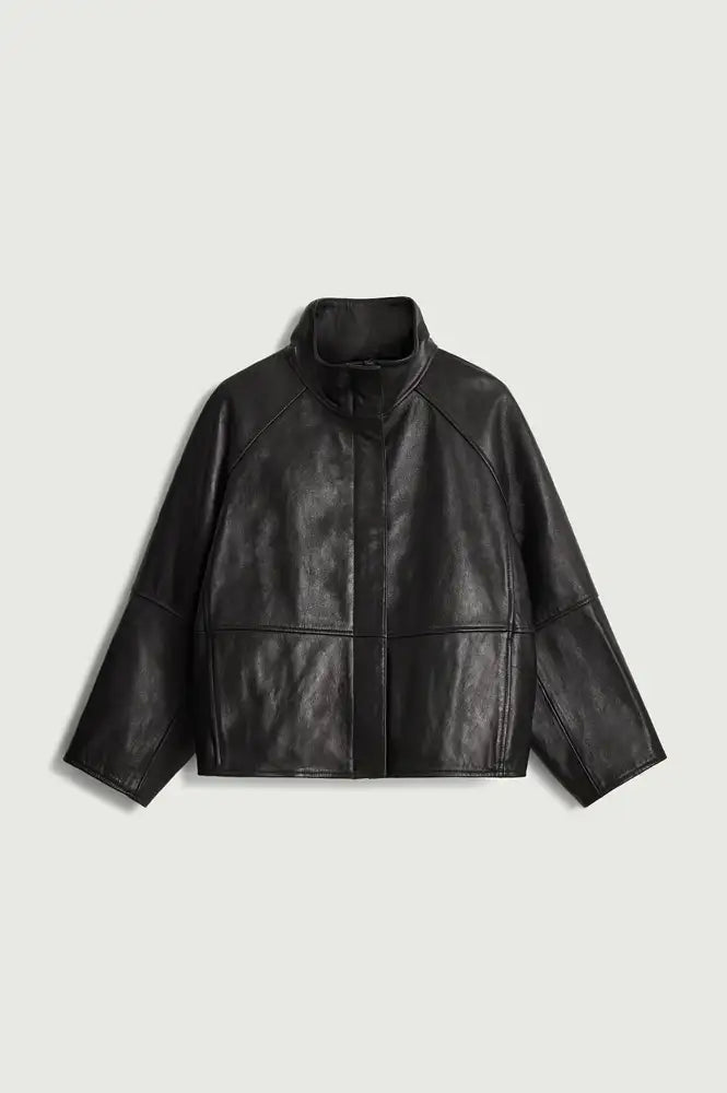 Soeur Gamma Black Glazed Leather Raglan Jacket