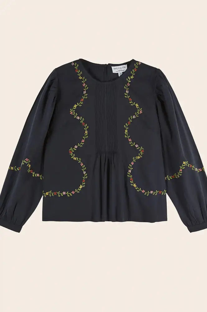 Emile Et Ida Estelle Charcoal Embroidered Blouse