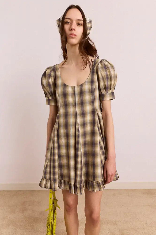 Damson Madder Sabina Cardamon Mix Check Mini Godet Dress