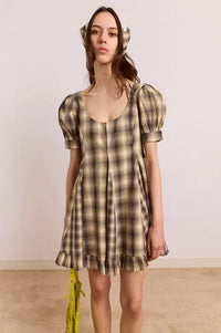 Damson Madder Sabina Cardamon Mix Check Mini Godet Dress