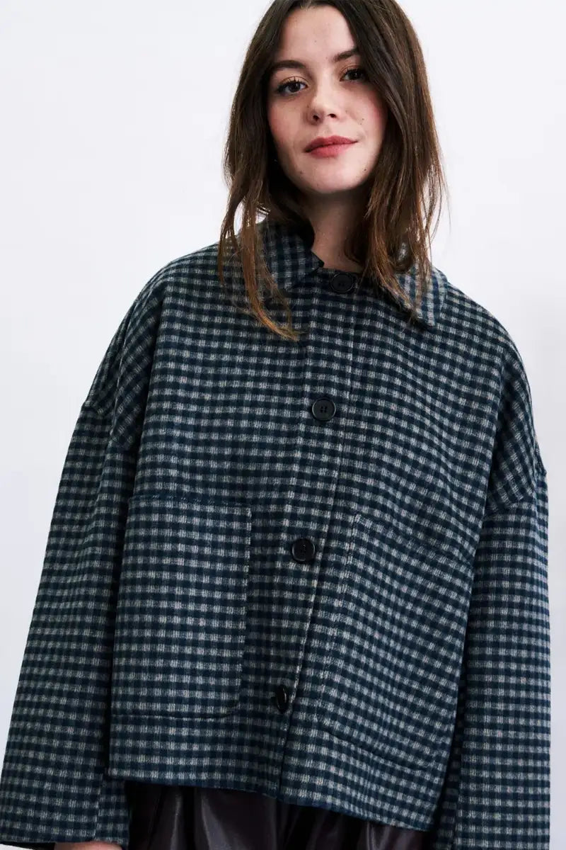 FRNCH Sheffield Navy Blue Checked Scarf Detail Jacket - The Mercantile London