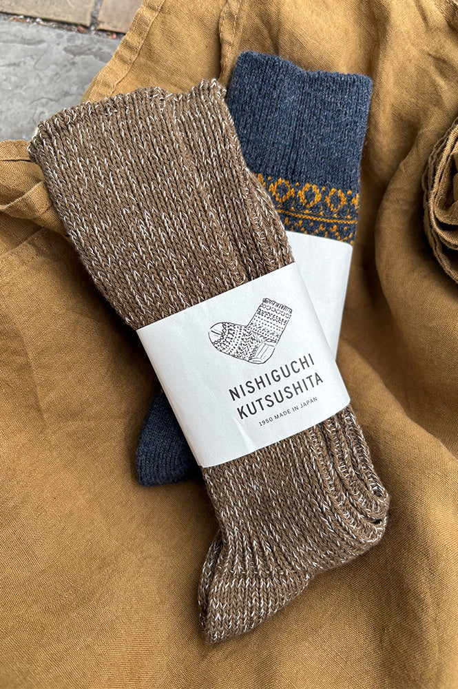 Nishiguchi Kutsushita Boston Ribbed Khaki Socks - The Mercantile London