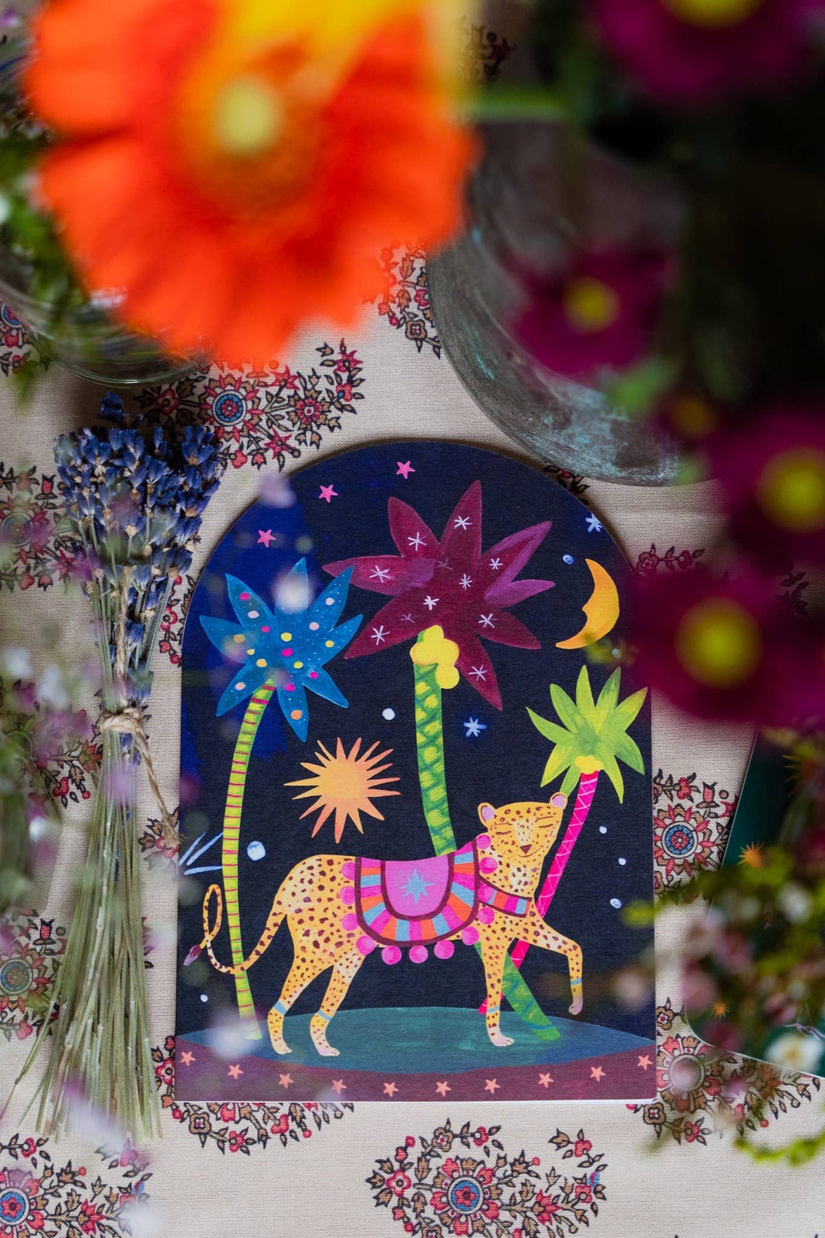 'Midnight Leopard Bell Jar' Greetings Card: Biodegradable Cello Wrap - The Mercantile London