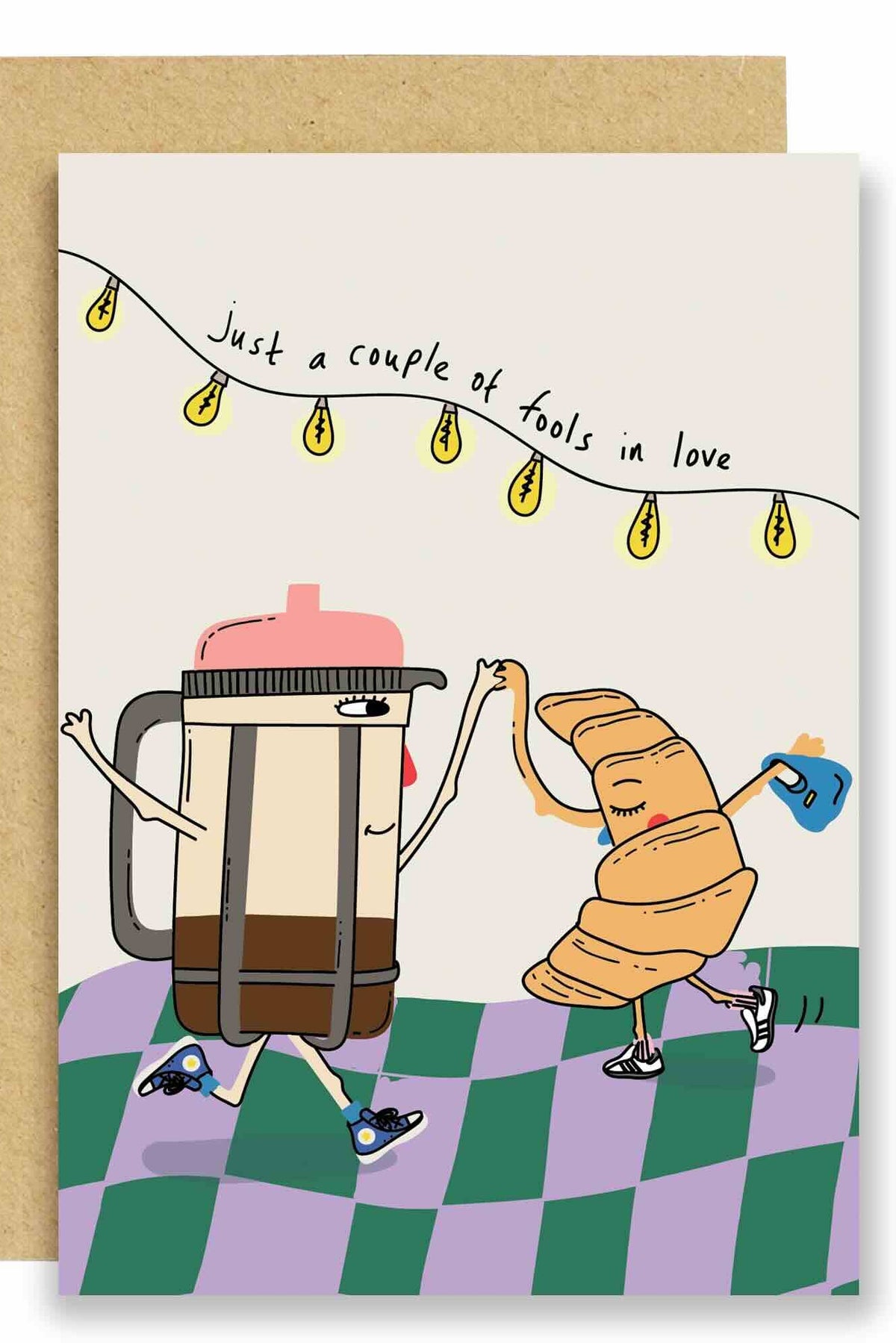 Card with illustration of a coffee press and croissant holding hands on a checkered floor.