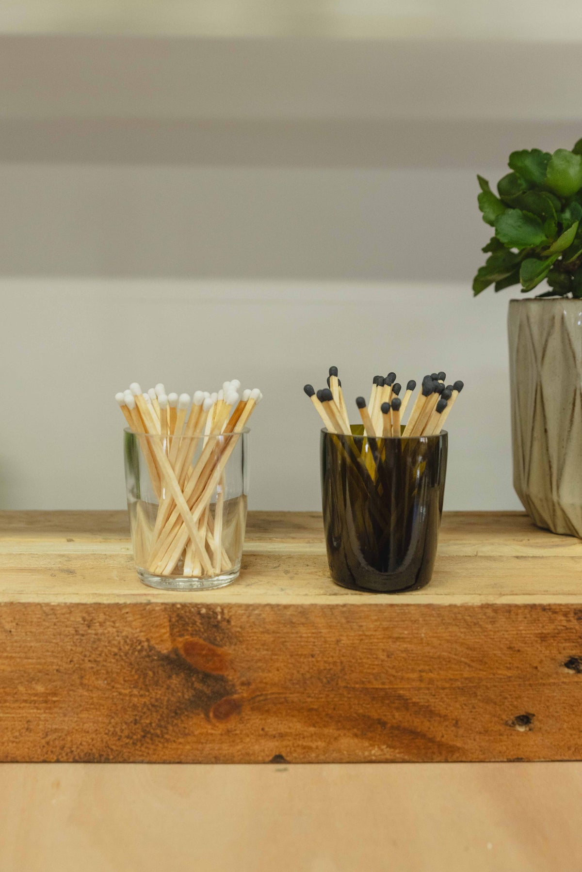 Old Green Recycled Clear Glass Pot with Matches