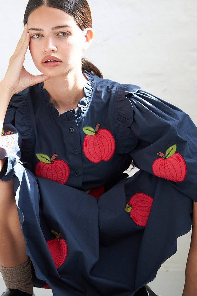 Stella Nova Apple Embroidered Navy Midi Dress - The Mercantile London