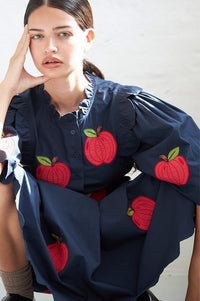 Stella Nova Apple Embroidered Navy Midi Dress - The Mercantile London